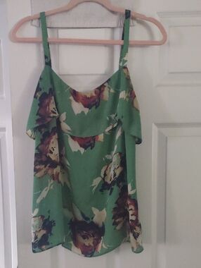 cabi Floral Camisole in Green with Multicolor Print.  Adjustable Straps Size Med
